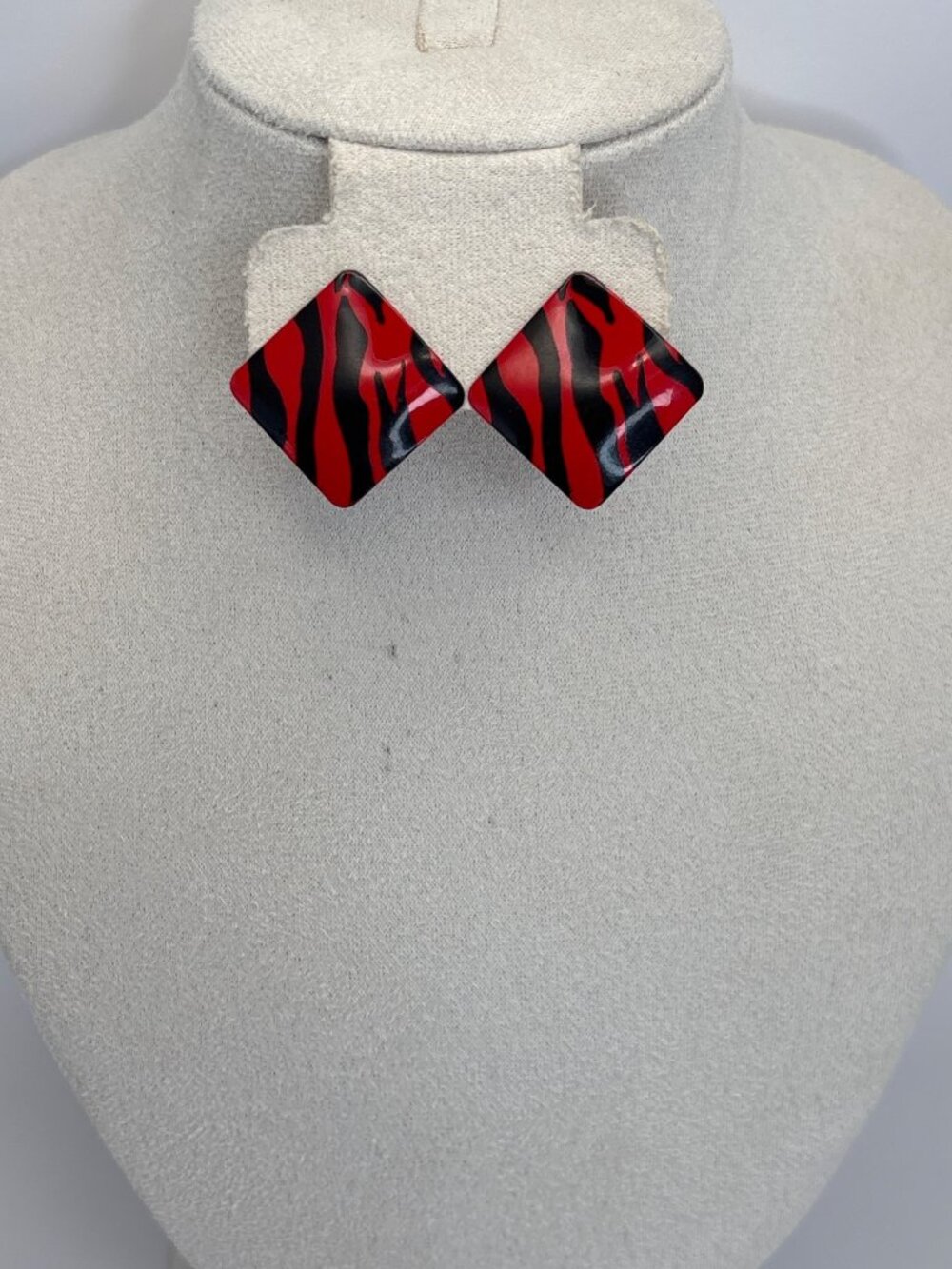 Vintage Retro Square Enameled Animal Zebra Print Pierced Earrings Red Black
